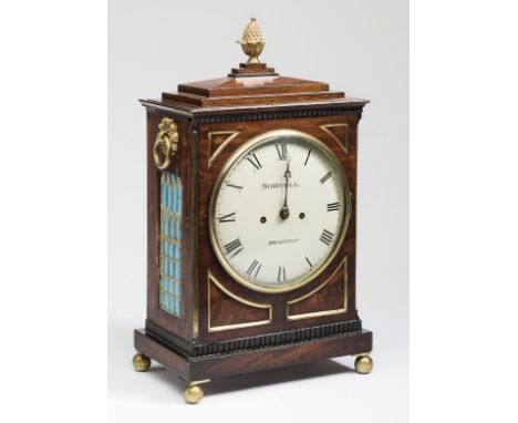 A MAHOGANY CASED TABLE CLOCK by Shrivell, Brighton, the twin barrel movement with anchor escapement striking on a bell, 8" wh