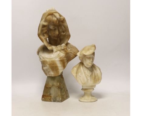 An early 20th century Italian alabaster female portrait bust, 34cm high, and a smaller bust of Richard Wagner