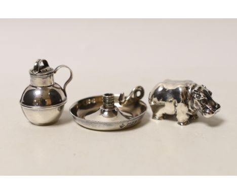 A modern silver miniature model of a hippopotamus, a white metal 'Guernsey can' pepperette and a part of a late Victorian sil