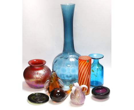 Nine pieces of art glassware including Royal Brierley vase and Wedgwood paperweight, largest 49cm high