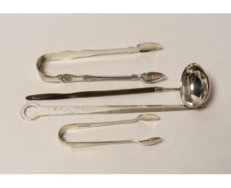 Two pairs of silver sugar tongs, including Victorian King's pattern a white metal toddy ladle and a modern silver letter open