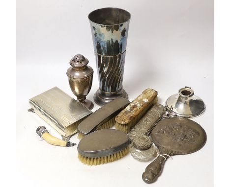 A group of sundry silver including an Edwardian demi-wrythened vase, London, 1901, 24.3cm, mounted hand mirror and three brus