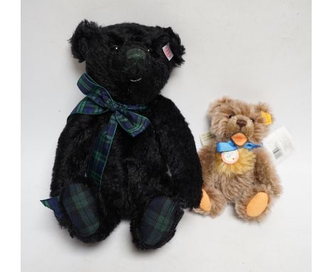 A Steiff musical Black Watch bear with bag and certificate with small Steiff Zotty yellow tag with bag