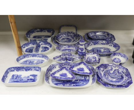 A collection of Spode Italian blue and white various sized serving dishes, cruets etc