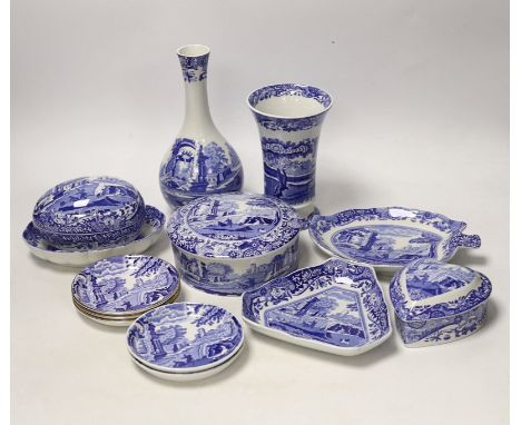 A collection of Spode Italian blue and white trinket boxes, dishes and two vases, (13)