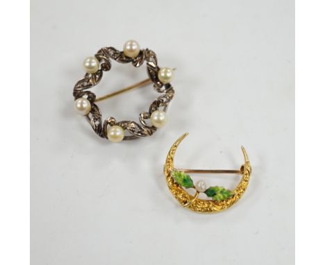 A yellow metal enamel and small baroque pearl set folate crescent brooch, 27mm, together with a yellow metal, cultured pearl 