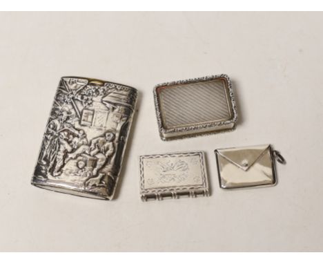 A modern silver snuff box, an Edwardian  silver 'envelope' stamp case, a German 925 snuff box and an unusual antique white me