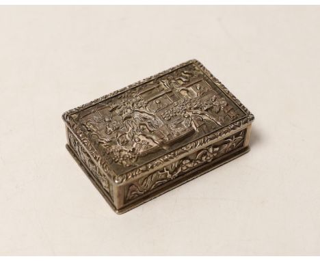 A Burmese? white metal box rectangular snuff box, 67mm.