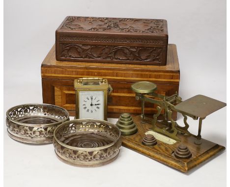 Letter scales and weights, a inlaid box, a carved box, a pair of plated coasters, carriage clock, inlaid box 33cm wide  x 13c