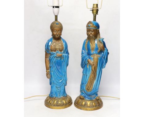 Two Chinese decoratively glazed and gilded pottery figures converted to lamp bases, approximately 44cm high