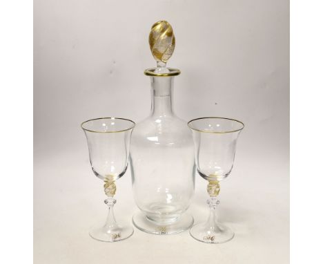 A Venetian glass decanter and two matching glasses, each with a gilt ‘H’ to foot. Tallest 32cm