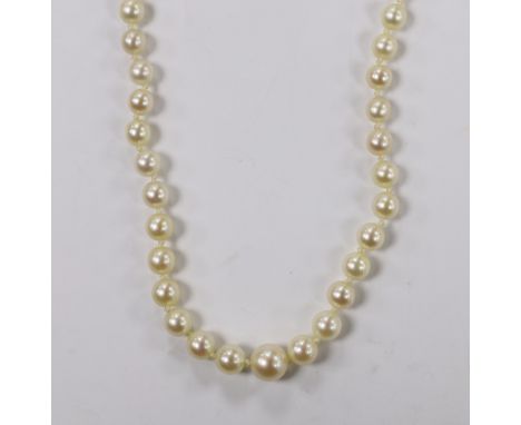 A 1960's single strand graduated cultured pearl necklace with diamond chip set 9ct white gold clasp, 50cm.