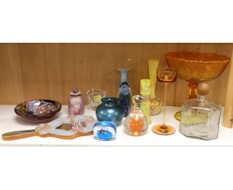 Fourteen glass items, including; paper weights, vases, perfume bottles, a Venetian style mirror and a pressed glass centrepie