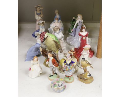 A large Beswick figure of a Woodpecker, Royal Worcester model of Coal Tits, five Coalport figurines and mixed Doulton, Lladro