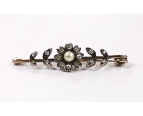 A late Victorian yellow and white metal, seed pearl and diamond cluster set flower head bar brooch, 44mm, gross weight 3.5 gr