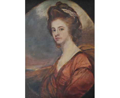 A 19th century oil on canvas painting - portrait study of a lady sat before decorative topographical backdrop. Set within a g