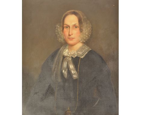 A 19th century English School oil on canvas portrait painting of a lady in mourning wearing black shawl with lace bonnet, net