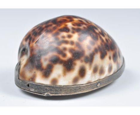 A 19th century silver and agate set mounted cowrie sea shell snuff box. The shell with rococo chase decorated silver base ins