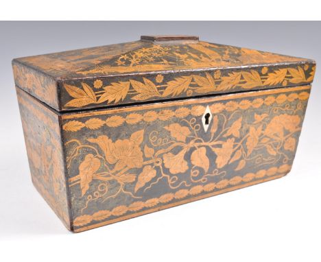 A 19th century Regency fine penwork tea caddy of sarcophagus shape with two interior lidded compartments, the outside decorat