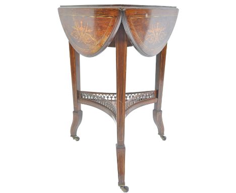 An Edwardian rosewood marquetry inlaid drop leaf triangular occasional / wine table in the manner of Edwards &amp; Roberts. R