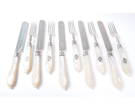 A set of five 19th Century Victorian hallmarked silver knives and forks by William Hutton &amp; Sons ( Edward Hutton )having 