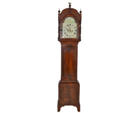 A 19th century George III mahogany and ebony line inlaid painted face longcase clock. The painted dial with unusual coastal s