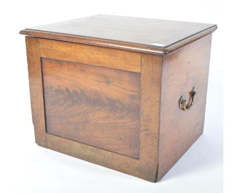 A 19th century Victorian mahogany campaign box commode&nbsp; having a hinged top opening to reveal a ceramic liner with brass