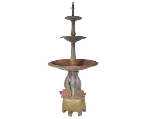 A large 20th century Coalbrookdale 3 tier cast iron garden fountain. The base with Maltese dolphins rising through to 3 gradu