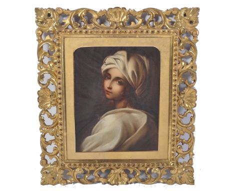 An oil on canvas portrait painting study of Beatrice Cenci&nbsp;looking over her shoulder in white gown and headdress. Though