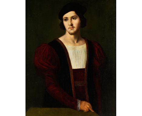 Bernardino Licinio, um 1489 Venedig – um 1565, zug.PORTRAIT EINES JUNGEN MANNESÖl auf Holz. Parkettiert.99 x 77 cm.Gerahmt.Ha