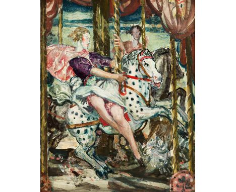 Gérald Edward Moira, 1867 London – 1959Frauen auf einem KarussellÖl auf Hartfaser.50 x 40 cm.Links unten signiert.Blick auf e