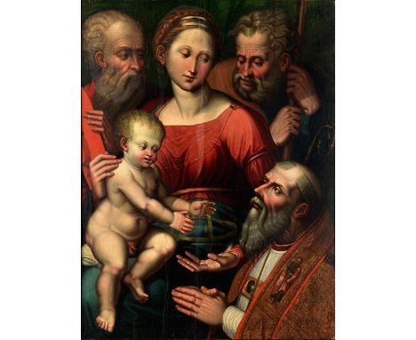 Luca Longhi, 1507 Ravenna – 1580, zug.DIE HEILIGE FAMILIE MIT DEM HEILIGEN HIERONYMUS SOWIE EINEM BISCHOFÖl auf Holz.94 x 73 