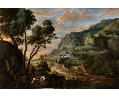 David Teniers d. J., 1610 Antwerpen – 1690 Brüssel Weite hügelige Landschaft mit Pan und SyrinxÖl auf Leinwand.83,5 x 121 cm.