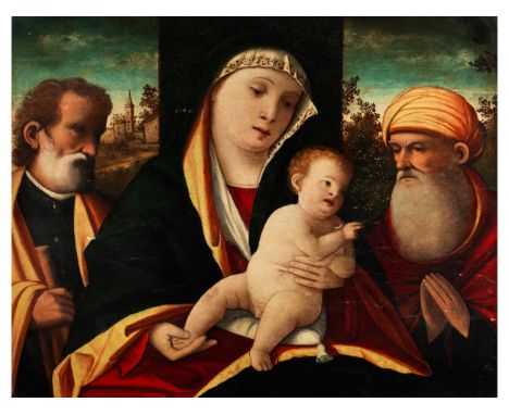 Francesco Rizzo da Santacroce, 1508 – 1545, zug. MADONNA MIT DEM KIND, DEM HEILIGEN JOSEF UND EINEM ADORANTENÖl auf Holz. Ver