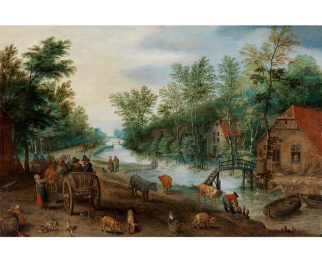 Jan Brueghel d. J., 1601 Antwerpen – 1678 ebendaKANALLANDSCHAFT MIT FUHRWERKEN UND AM UFER GELEGENEN HÄUSERNÖl auf Eichenholz