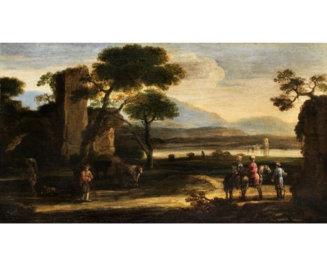 Jan de Momper,wohl Antwerpen – 1684 RomLandschaft mit ReisendenÖl auf Leinwand.76 x 132 cm.In vergoldetem Louis XV-Stilrahmen