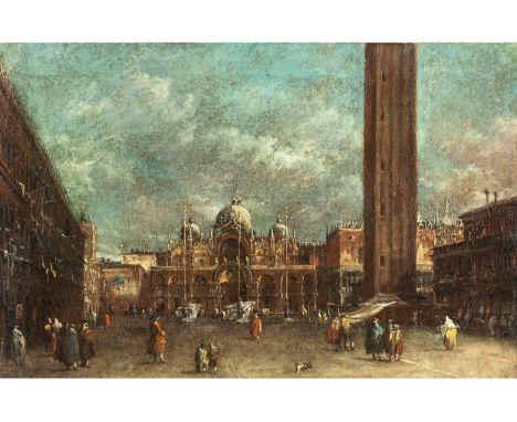 Francesco Guardi, 1712 Venedig – 1793 ebendaPiazza San Marco mit dem CampanileÖl auf Leinwand.28,5 x 44,4 cm.In à jour gearbe