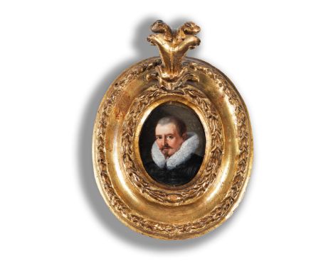 Miniaturbildnis eines Mannes mit HalskrauseSichtmaß: 5,5 x 4,4 cm. Rahmenmaß: 14,2 x 10,6 cm.Öl auf Kupfer.Niederlande, 17. J