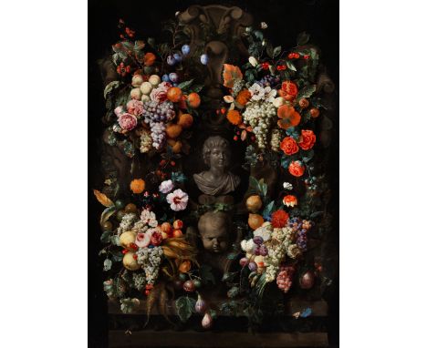 Jan Davidsz de Heem, 1606 Utrecht – 1683/84 Antwerpen, zug.JÜNGLINGSBÜSTE, UMGEBEN VON FRUCHT- UND BLUMENGEBINDENÖl auf Leinw