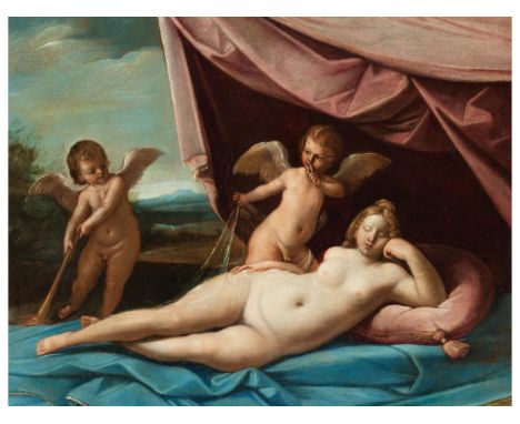 Giovanni Giacomo Sementi, 1580 Bologna – 1638, zug.Venus und AmorÖl auf Kupfer.33 x 41 cm.In dekorativem Rahmen.Die nackte sc
