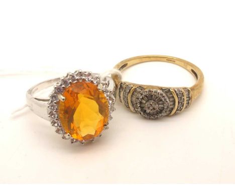 A Modern 9ct White Gold Oval Cluster Dress Ring, (finger size N); together with a modern 9ct gold ring. (2)