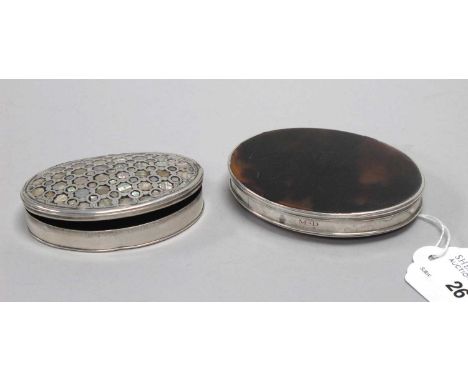 An Oval Tortoiseshell Snuff Box, the geometric pierced hinged lid set with inset shell decoration, 7.2cm wide (damage); Toget