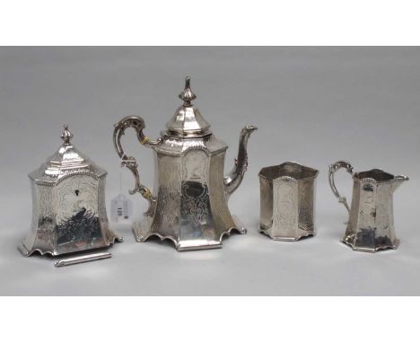 A Victorian Matched Hallmarked Silver Three Piece Tea Set, Joseph Angell, London 1856, I.M, Dublin 1864, each of tapering oct