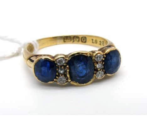 An 18ct Gold Sapphire and Diamond Ring, alternately set, inside shank inscribed 'VR to JB 1/1/15', Birmingham 1913 (finger si