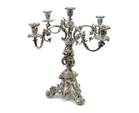 An Impressive c.XIX Century Heavy Four Branch Five Light Plated Candelabrum, (stamped to base "PGS" and palm mark), the ornat