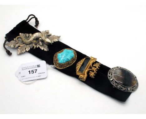A Blue John Oval Panel Brooch, within pierced marcasite set border (overall length 4.6cm); A Chinese Style Turquoise Set Broo
