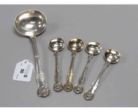 A Set of Four Hallmarked Silver Kings Husk Pattern Salt Spoons, Elizabeth Eaton, London 1853, crested with motto (rubbed); A 