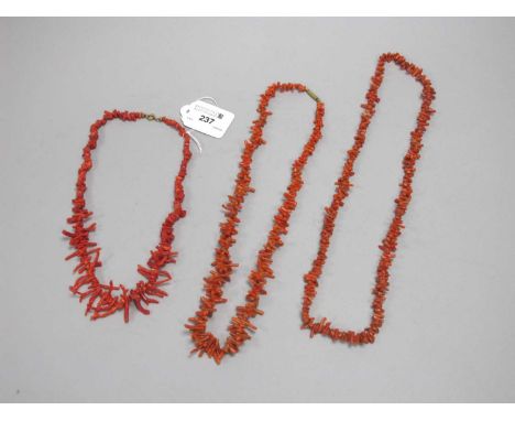 A Vintage Twig Coral Graduated Necklace, together with two further coral necklaces. (3)