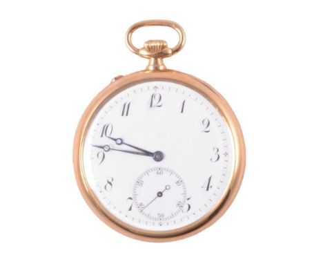 An 18 carat yellow gold open face pocket watch, the white enamel dial with Arabic numeral chapter ring and subsidiary seconds