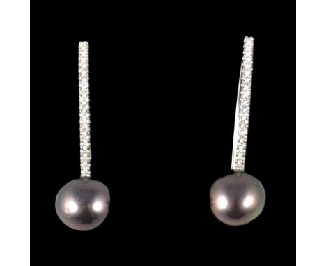 A pair of cultured grey pearl and diamond earrings, each with a 12.4mm pearl peg set to the base of a unmarked curved white m